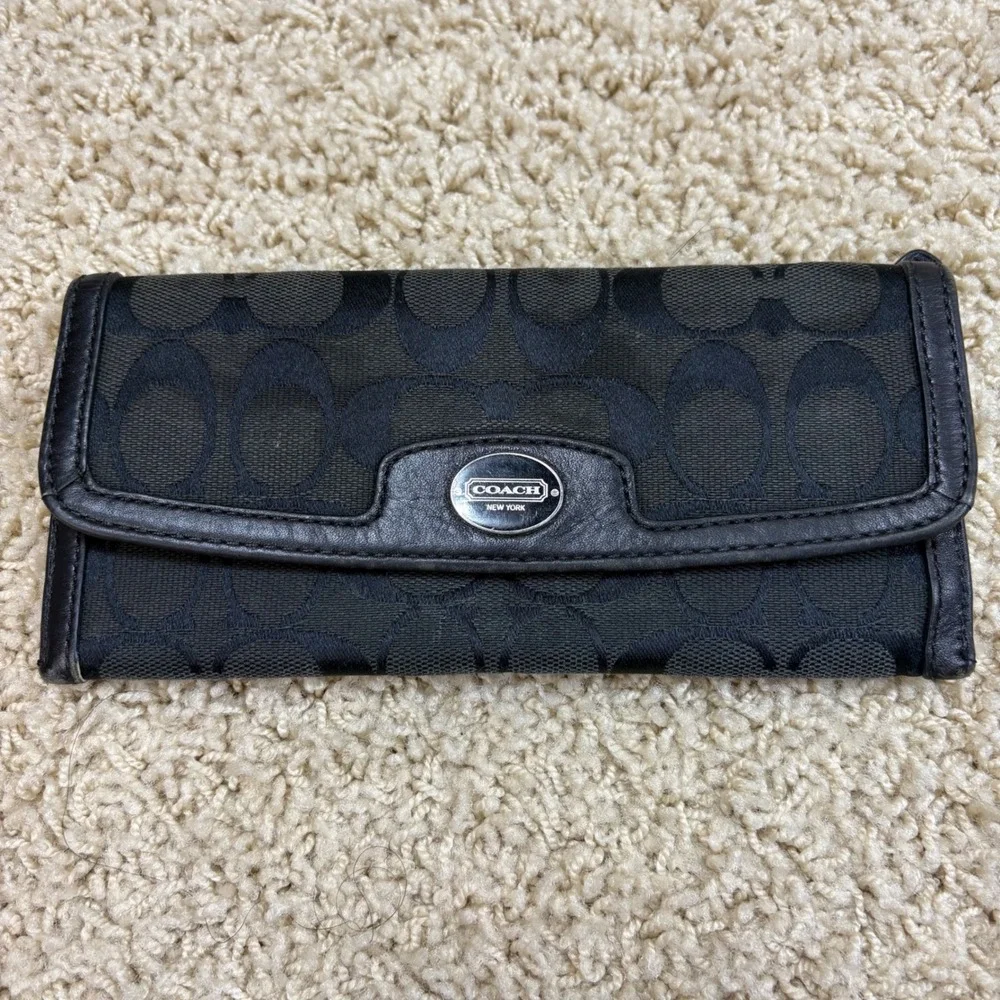 COACH Black Signature C Monogram Leather Trim Trifold Wallet